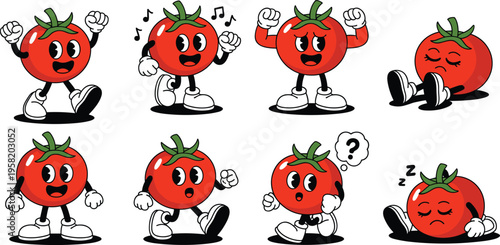 Vintage rubber hose tomato character set featuring various expressive poses in a classic 1930s retro animation style.