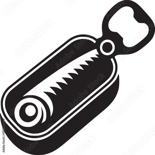 A black and white illustration of a sardine can opener with a fish inside the opened container