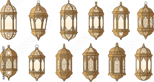 Golden Ramadan Lantern Collection with Ornamental Arabic Hanging Lamps Traditional Islamic Decorative Vector Illustration Set