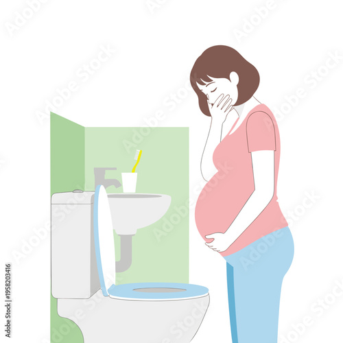 Pregnant woman feeling nauseous while standing by toilet in bathroom  