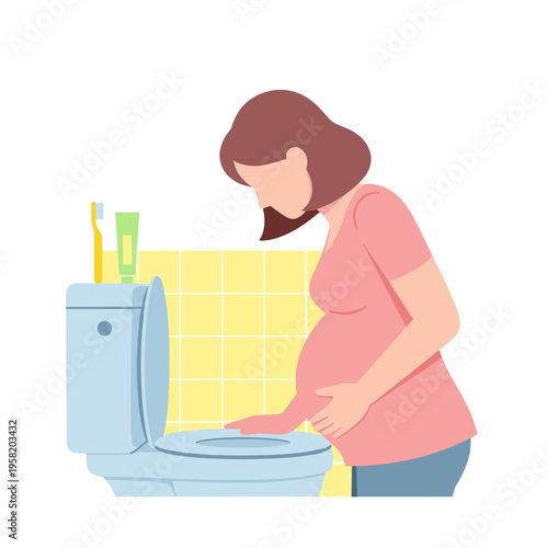 Pregnant woman leaning over toilet bowl in bathroom  