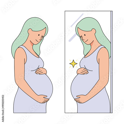 Pregnant woman admiring her reflection in mirror with joy  