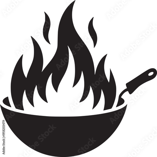 A black and white graphic of a wok with flames coming out of it on a white background illustration
