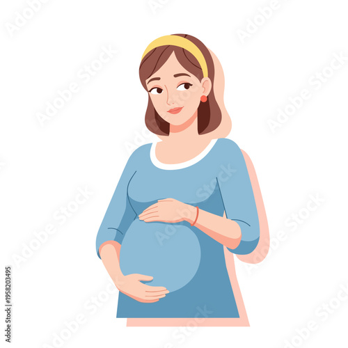 Pregnant woman smiling while holding her belly in a casual outfit  