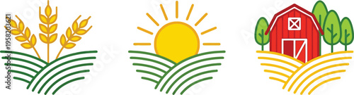 Set of 3 Agriculture and Farming Vector Icons: Wheat, Sun, and Red Barn with Trees on Fields