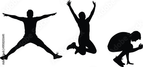 Black silhouettes of people jumping and crouching in expressive poses isolated on white background for health fitness and active lifestyle