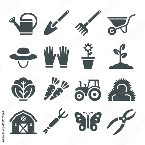 Agriculture Farming and Home Gardening Equipment Icon Set