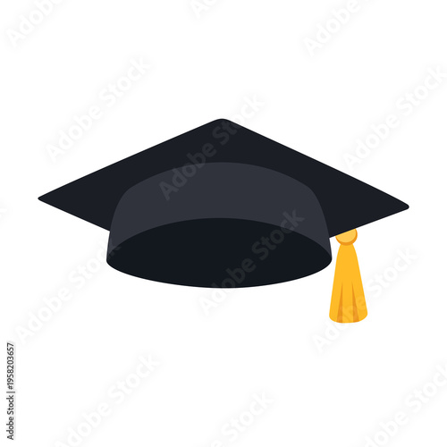Front view of a black academic graduation cap. Mortarboard hat with yellow tassel illustration isolated on white.