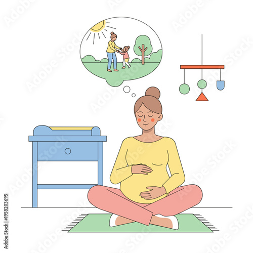 Pregnant woman sitting on floor and dreaming about family outdoors  