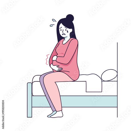 Pregnant woman sitting on bed and feeling discomfort at home  