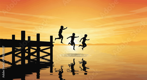 Silhouette of people jumping off dock into water at sunset, vector illustration