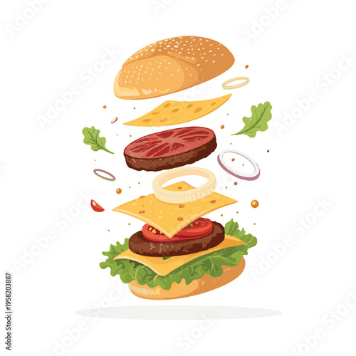 Exploded Burger Ingredients Modern Vector Illustration
