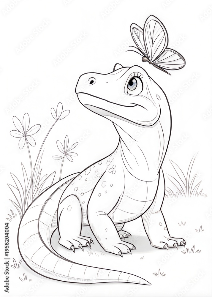 Fototapeta premium Cute Komodo Dragon Outline Sketch with Butterfly for Coloring Book 