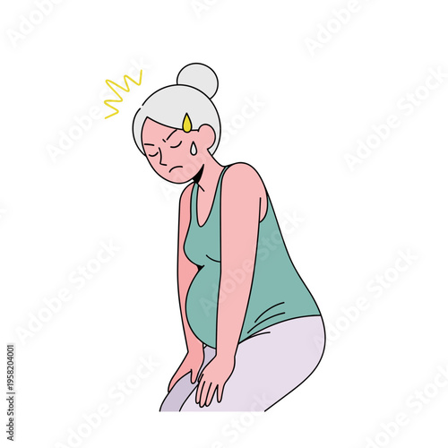 A pregnant woman experiences discomfort; contractions begin, and labor ensues.