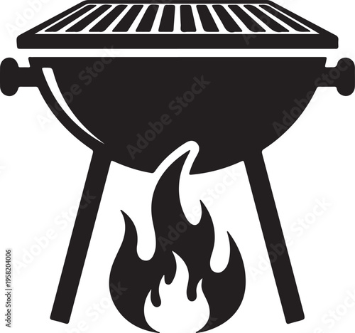 Black silhouette vector icon of a charcoal barbecue grill with flames, perfect for outdoor cooking and summer events isolated PNG with Transparent Background