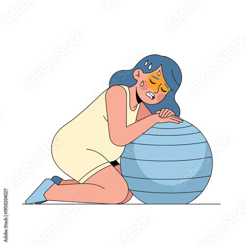 Woman experiencing labor pain while holding exercise ball  