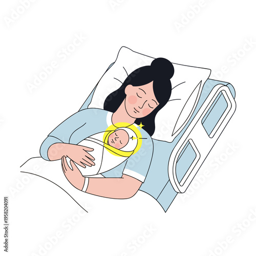 Mother holding newborn baby asleep in hospital bed 