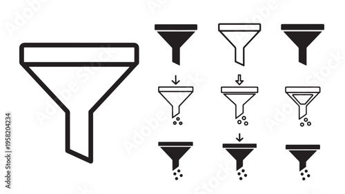 Funnel icons representing data filtering, sorting, and separation processes with different styles and variations.