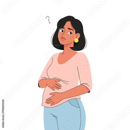 Pregnant woman looking confused while holding her belly  