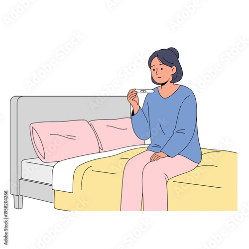 Young woman sitting on bed with Pregnancy test