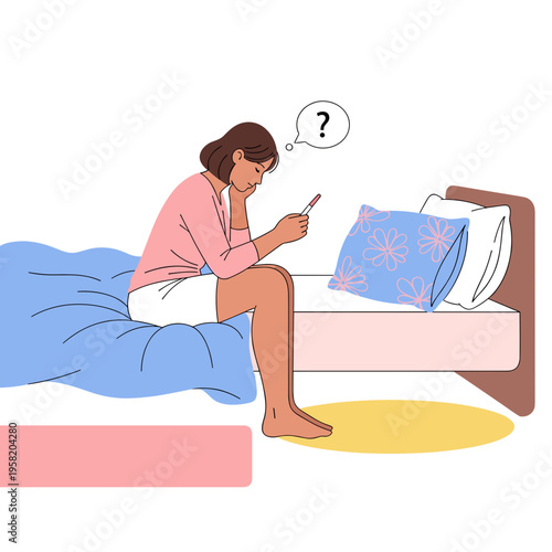 Young woman sitting on bed looking confused while checking Pregnancy test