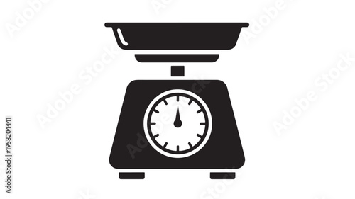 Kitchen scale icon with a dial and weighing pan for measuring ingredients for culinary activities and cooking, a simple graphic illustration.