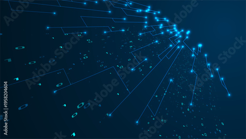 Abstract blue technology background with binary code and glowing dots. Graphic concept for your design