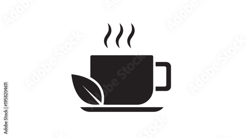 Cup of hot beverage with steam and leaf icon, representing herbal tea or natural drink. featuring coffee, fresh, organic with warming and comfort