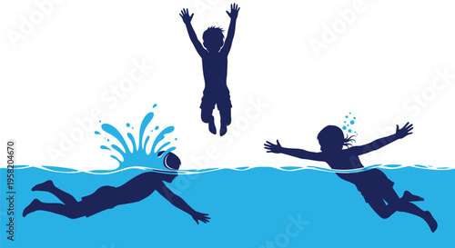 Swimming, diving, jumping silhouettes, water sports icons, blue