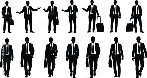 Black silhouettes of businessmen with briefcases and suitcases in various walking and standing poses isolated on white background for travel