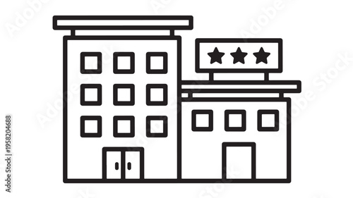 Hotel building icon with three stars on a sign, representing luxury accommodation and hospitality services.