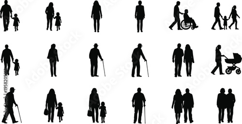 Black silhouettes of diverse people including seniors with canes wheelchair users and parents with strollers isolated on white background for