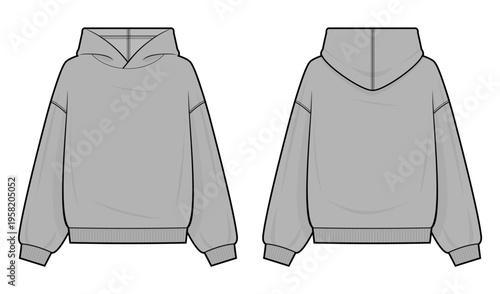 Light Gray Pullover Sweatshirt Technical Drawing. Hoodie Vector Template. Front and Back Views. Casual Streetwear CAD Mockup