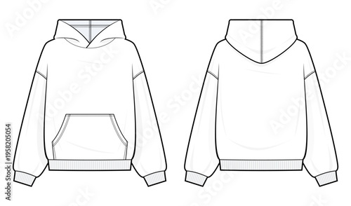 Oversized Pullover Hoodie with Kangaroo Pocket Technical Fashion Illustration. Blank White Hooded Sweatshirt Template. Front and Back View. Unisex CAD Mockup