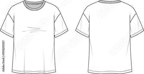 Oversized White Cotton T-Shirt Vector Technical Fashion Mockup Front and Back View Blank Tee Outline Flat Sketch for Apparel Design