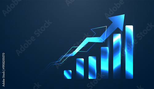 Glowing arrows surge up over a bar chart, symbolizing rapid Growth in the Finance and Business sectors concepts, and show the Advanced technology
