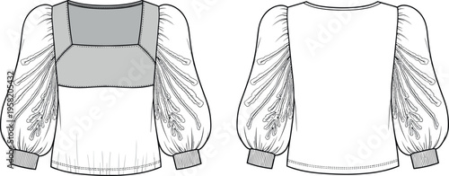 Women Fashion Technical Flat Sketch of Square Neck Blouse with Puff Bishop Sleeves Featuring Floral Embroidery Detail Front and Back View