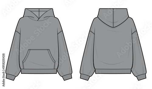 Basic Oversized Hooded Sweatshirt with Kangaroo Pocket Technical Fashion Illustration. Dark Gray Pullover Hoodie Vector Template. Front and Back View. Streetwear CAD Mockup