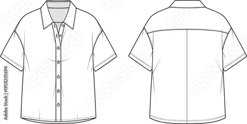 Women Short Sleeve Button Down Shirt Technical Flat Sketch Vector Template Front and Back View for Fashion Design Tech Pack
