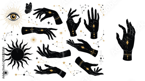 Mystical Hand Gesture Set with Celestial Symbols, All Seeing Eye, Sun, Stars, and Constellations Esoteric Magic Vector Illustration Collection