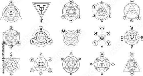 Sacred Geometry Alchemy Symbol Set with Mystical Circles, Occult Signs, Esoteric Elements, and Magical Geometry Vector Illustration Collection