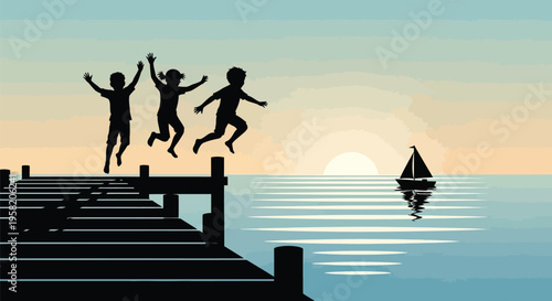 Vector illustration of kids jumping off dock at sunset