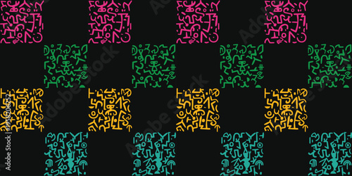 Modern Vibrant Tribal Hieroglyph Seamless Pattern with Colorful Abstract Geometric Symbols on Dark Black Background for Fashion Print and Digital Paper