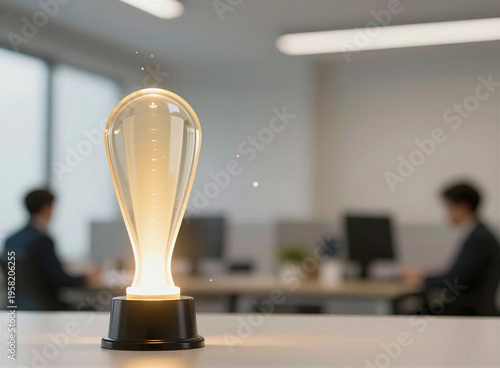 Glowing award trophy in modern office background for success and achievement concept
