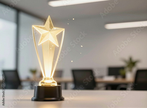 Glowing award trophy in modern office background for success and achievement concept