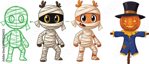 Cute Halloween Character Set with Mummy Cartoon Character Creation Process and Scarecrow Pumpkin Character Vector Illustration Collection