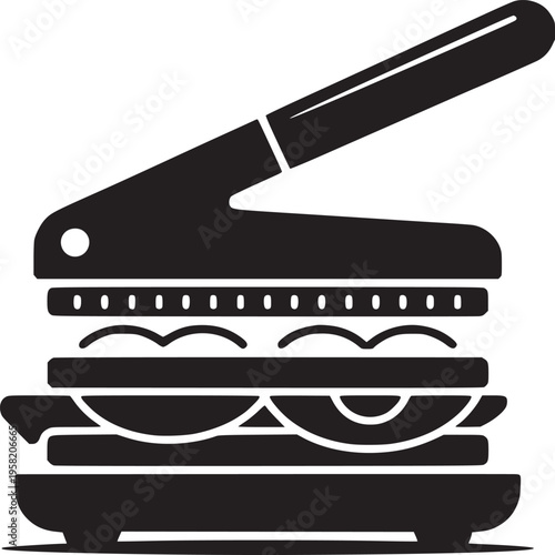 A black and white graphic of a sandwich press with a sandwich inside on a white background isolated