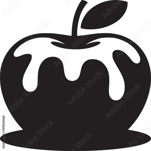 A stylized black apple with white dripping glaze and a single leaf on a white background design