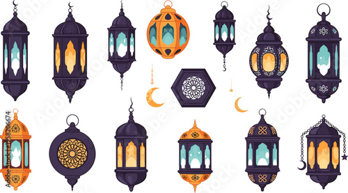 Ramadan Lantern Illustration Set with Decorative Arabic Hanging Lanterns and Crescent Moon for Islamic Holiday Ramadan Kareem Vector Collection