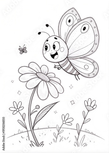 A cute butterfly with a happy expression, sitting on a flower, outlined in black, drawn as an outline sketch, only black lines, no colors, simple and clean for a children's coloring book.